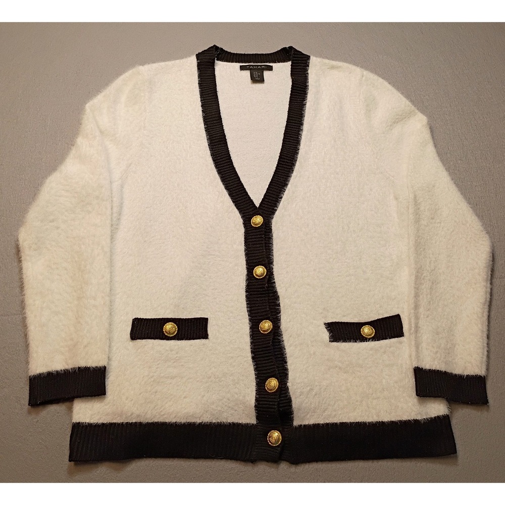 Tahari Contrast Trim‎ Fuzzy Eyelash Luxury Button Cardigan White Black XL Preppy